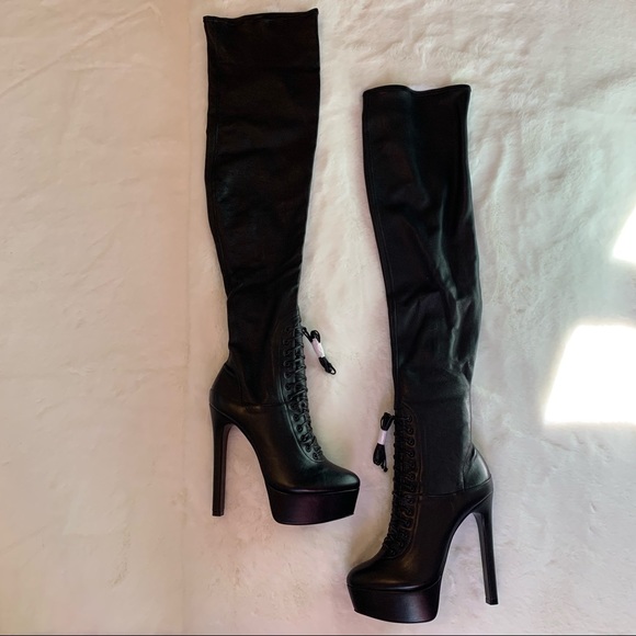 Black Leather Thigh High Stiletto Boots By Ruthie Davis - Picture 5 of 8
